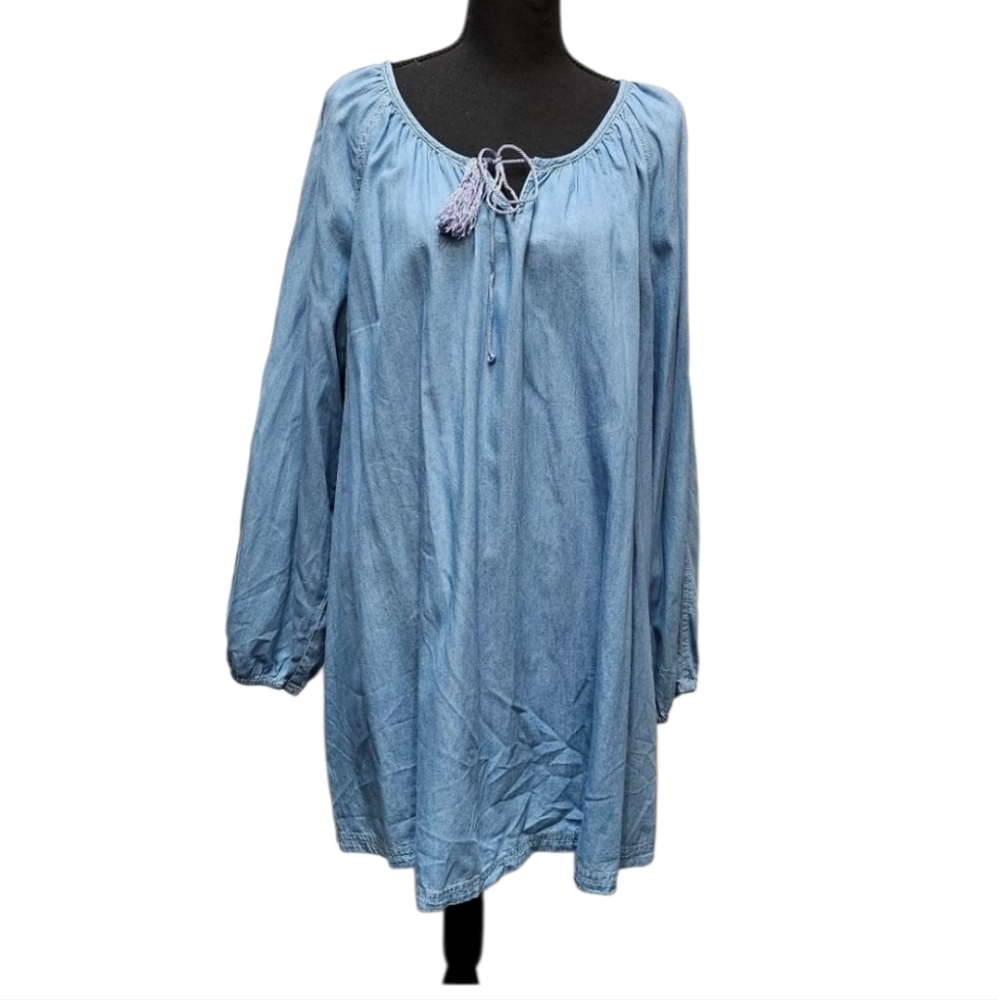 Ellos Blue Denim Tunic 100% Cotton With Tassle Tie Neck Size 1X